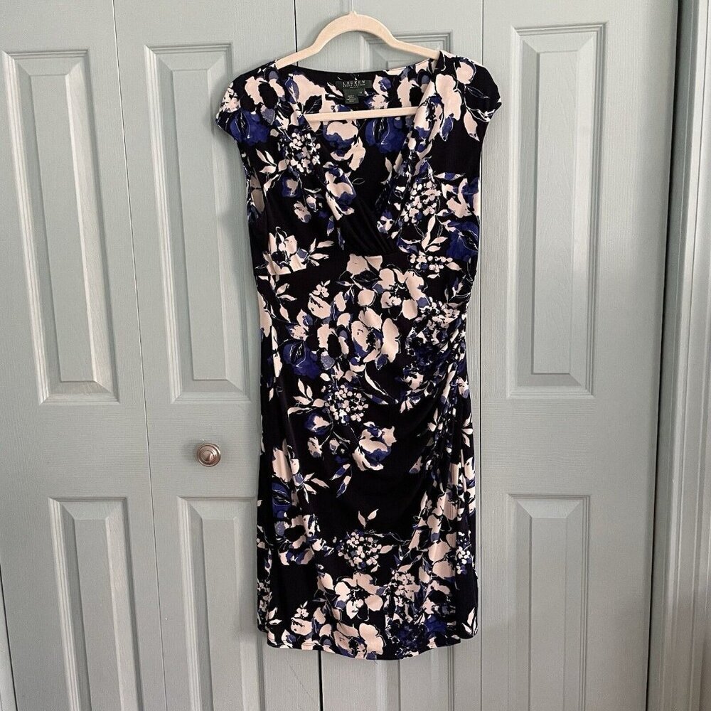 Lauren Ralph Lauren Floral Ruched Surplice Faux Wrap Sheath Dress Womens 12